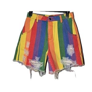 Women's Y2K Pinstriped Rainbow Denim Shorts Distressed Size 4